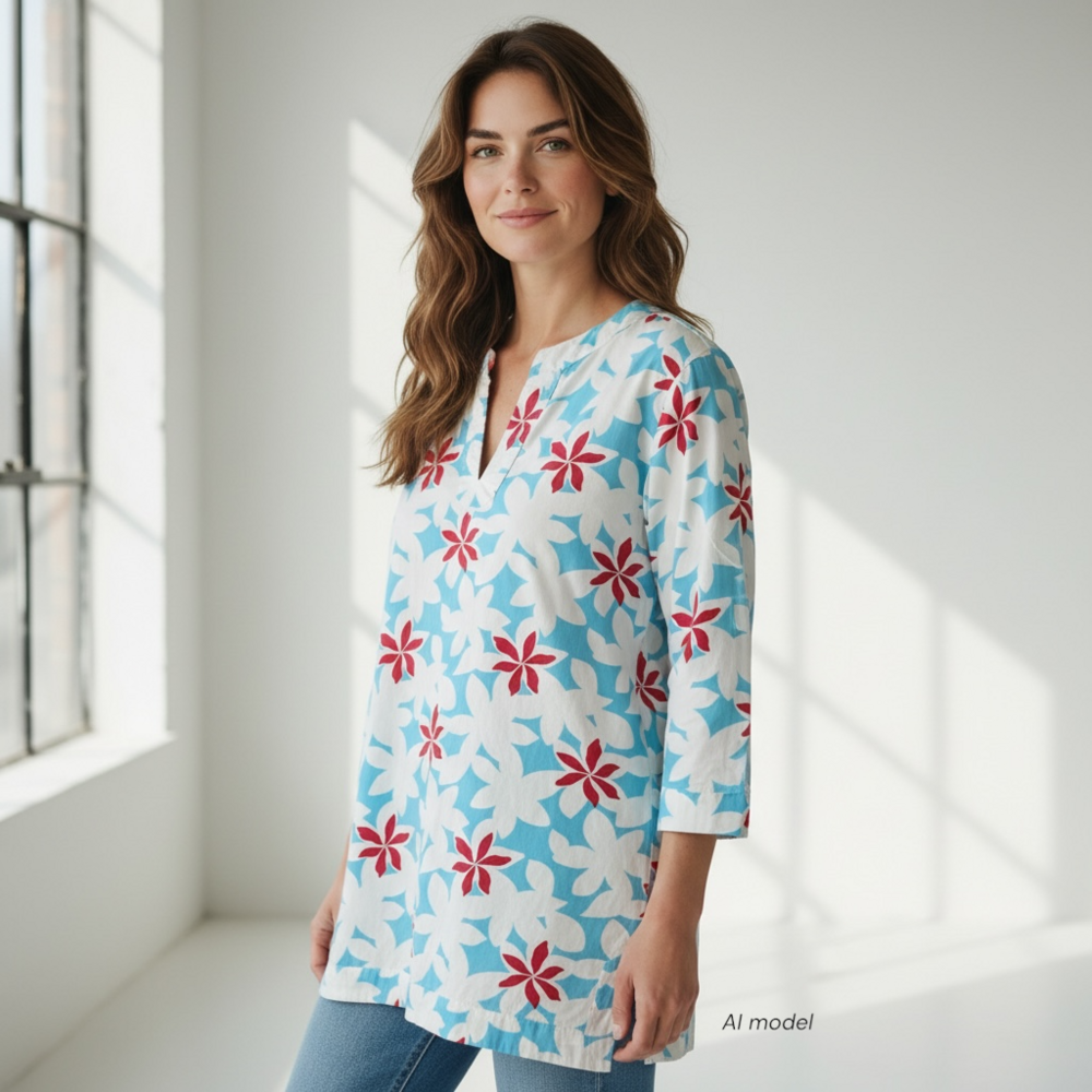 Peter Millar Shirt Women XL White Blue Contrast Floral Art to Wear Tunic Rare